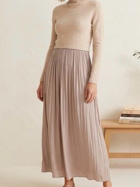 Anthropologie Pleated Maxi Skirt Dress in Taupe and Cream